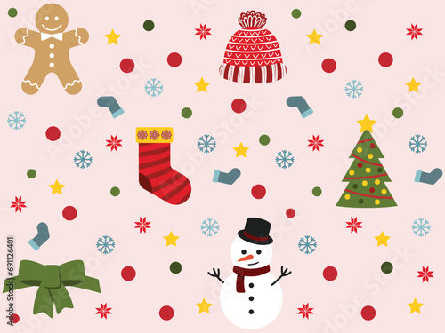 Seamless christmas pattern Vector illustration for wrapping paper, Christmas seamless vector pattern with snowman, tree, ginger man, tie, sweat cap and socks on white background