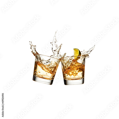 2 tequila shots hitting each other on a white background