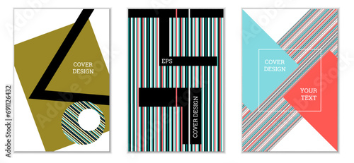 Geometric cover design, set of 3 covers. Abstract unusual background in Memphis style. Bright geometric shapes in random order
