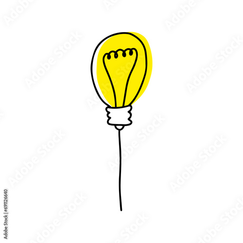 Hand drawn light bulb with rays shine, thin line. Hand drawn cute doodle light bulb with tungsten helix. Hand drawn bright shine light bulb in doodle style. Creativity, inspiration, invention, idea
