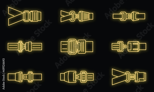 Car seatbelt icons set. Outline set of car seatbelt vector icons neon color on black