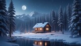 Snowy Retreat: 3D Rendering of Wooden House in Winter Forest