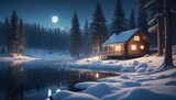 Wooden house/Log in winter forest at night. 3D rendering.
