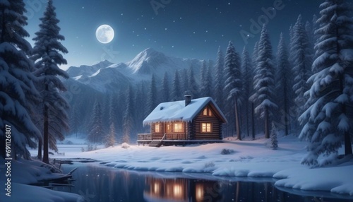 Snowy Retreat: 3D Rendering of Wooden House in Winter Forest © EnigmaEasel