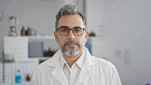 Handsome, grey-haired young hispanic male scientist seriously focused on medical experiment indoors in a vibrant lab - concentrating on analysis with microscope while standing at the work table