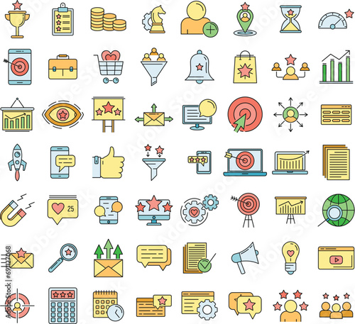 Smm icons set. Outline set of smm vector icons thin line color flat on white