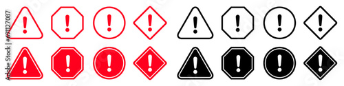 Warning, precaution, attention, alert icon, set red and black exclamation mark in different shape – stock vector