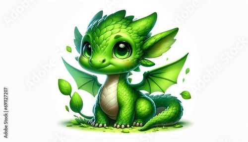 2D illustration of a young baby green dragon isolated on a white background
