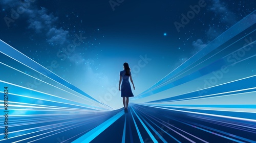 empowered businesswoman: silhouette on vibrant blue lines – success, metaverse, and direction concept