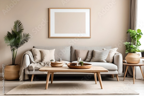 Rustic coffee table near sofa and mockup frame