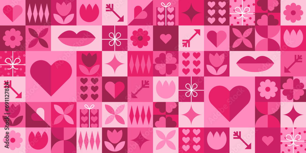 Geometric Valentine's day seamless pattern with simple shapes. Romantic vector background. Love and hearts. Modern abstract concept for print, banner, fabric, card, wrapping paper, cover.