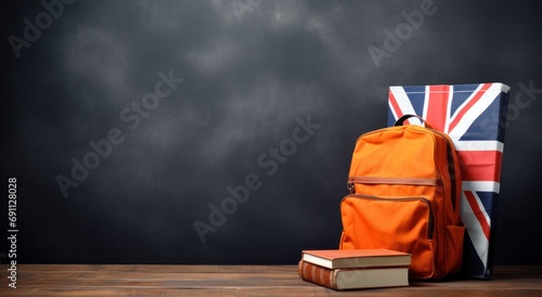 an orange backpack sitting on a table with book and Union flag on it