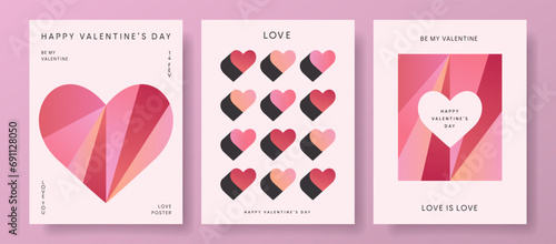 Set of Valentines Day posters templates. Trendy minimalist aesthetic with gradients, typography, y2k backgrounds, geometric elements. Modern design for banner, invitation, card, cover.