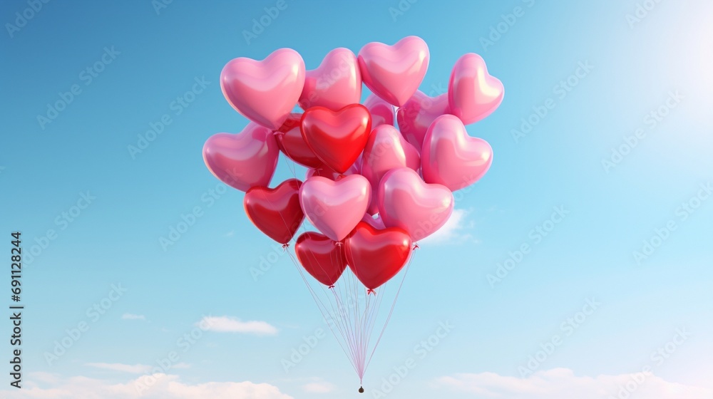 A heart-shaped balloon bouquet in shades of red and pink, floating against a clear blue sky A heart-shaped balloon bouquet in shades of red and pink, floating against a clear blue sky