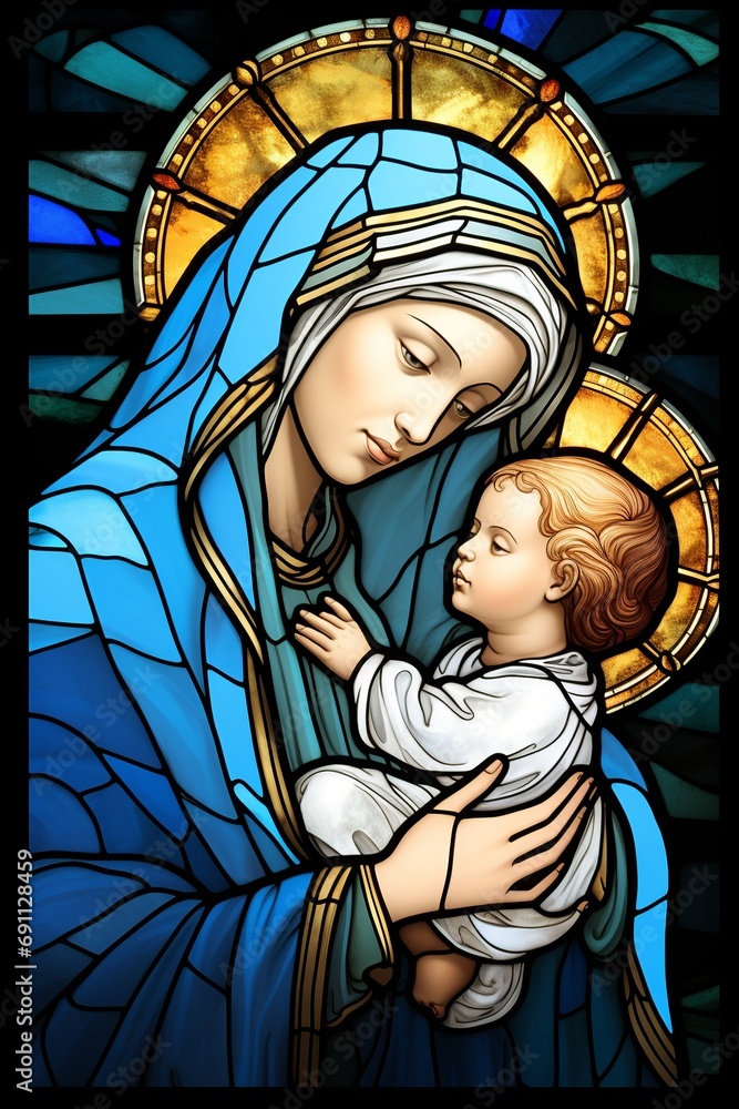 stained glass representation of Saint Virgin Mary mother of Jesus with ...