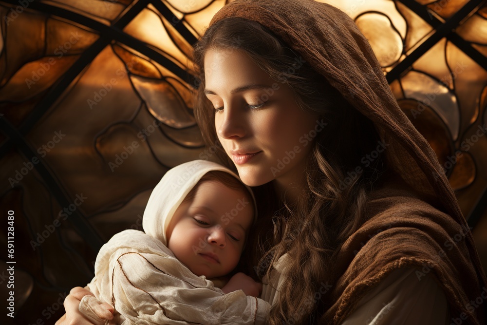 Saint Virgin Mary mother of Jesus with the newborn baby Jesus Christ ...