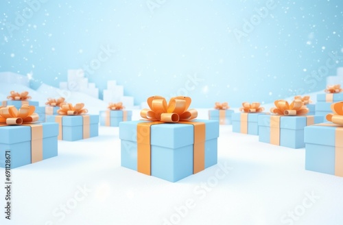 blue gift boxes under snow with white bows