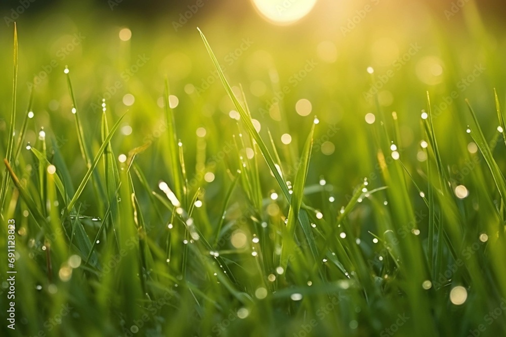 Natural green background of young juicy grass in sunlight with beautiful bokeh. Lush grass close-up in nature outdoors, wide format with copy space.