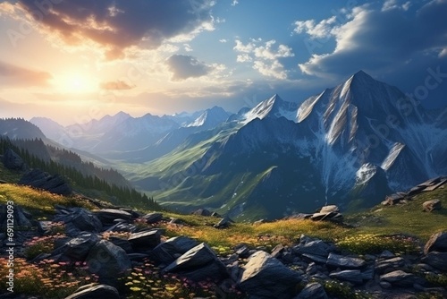 Breathtaking panorama of morning wild nature high in mountains