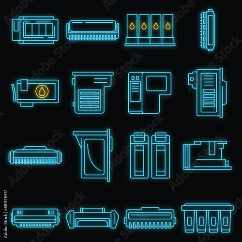 Printer cartridge icons set. Outline set of printer cartridge vector icons neon color on black