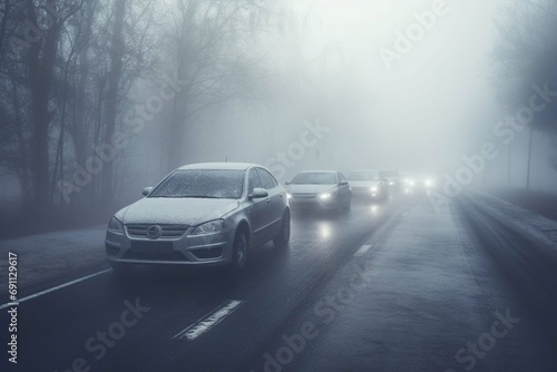 Cars in the fog. Bad winter weather and dangerous automobile traffic on the road. Light vehicles in foggy day.