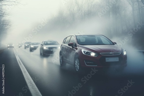 Cars in the fog. Bad winter weather and dangerous automobile traffic on the road. Light vehicles in foggy day. © Areesha