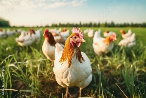 Chicken farming and agriculture on grass field or outdoor for free range eating organic