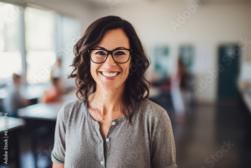 Smiling elementary school teacher standing in a classroom, school teacher lecturer in classroom or educational setting background, with blurred learning students on background