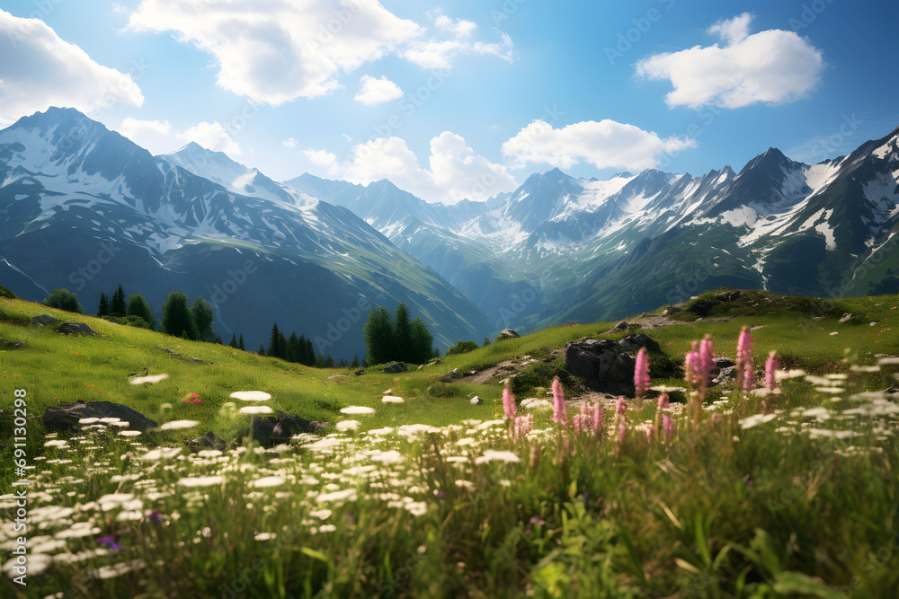 Mountain Range With Wildflowers In The Foreground