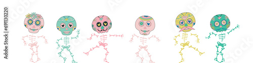 Sugar dancing skulls decorated by design elements and colorful floral ornament. Mexican national holiday Day of the dead. Festive banner templates for Dia de los muertos. Vector illustration