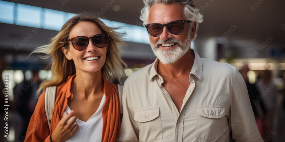 Happy mature couple walking in airport