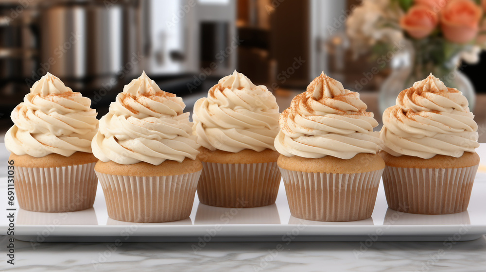 Pumpkin spice cupcakes with icing on white table created with Generative Ai