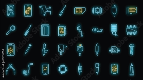 Mobile phone maintenance icons set. Outline set of mobile phone maintenance vector icons neon color on black