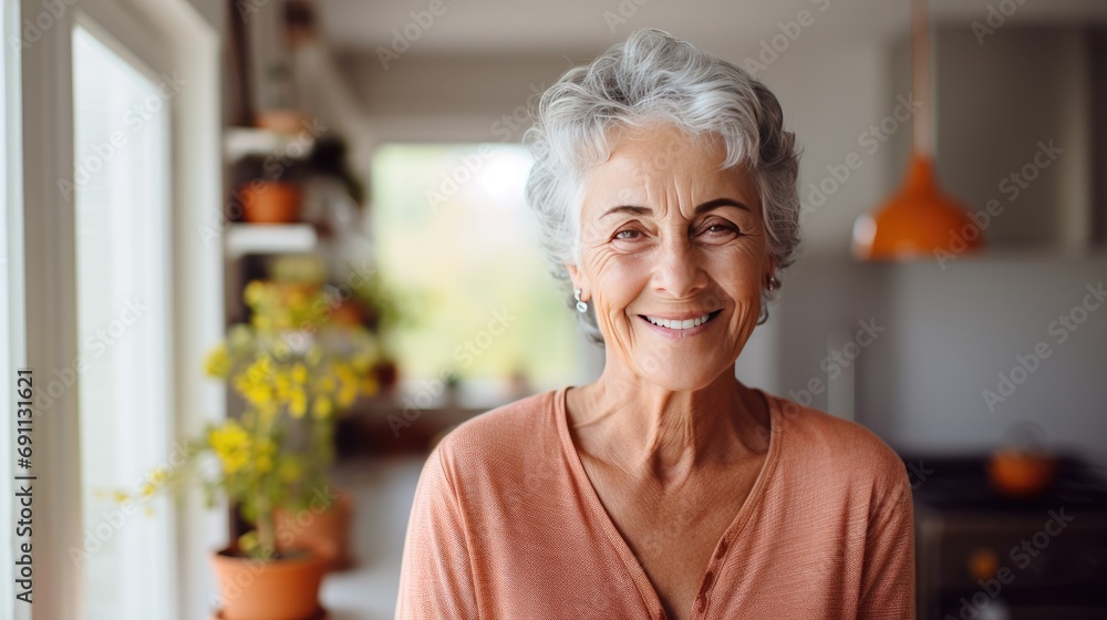 Happy Senior Woman Smiling At Home. Image With Copy Space. Generative AI Happy Senior Woman Smiling At Home. Image With Copy Space. Generative AI
