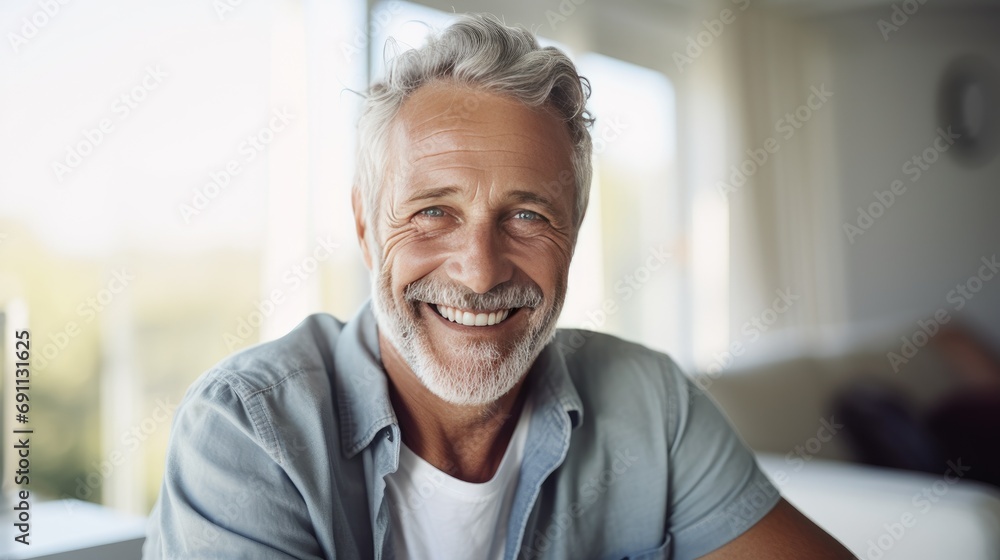 Happy Senior Man Smiling At Home. Image With Copy Space. Generative AI Happy Senior Man Smiling At Home. Image With Copy Space. Generative AI