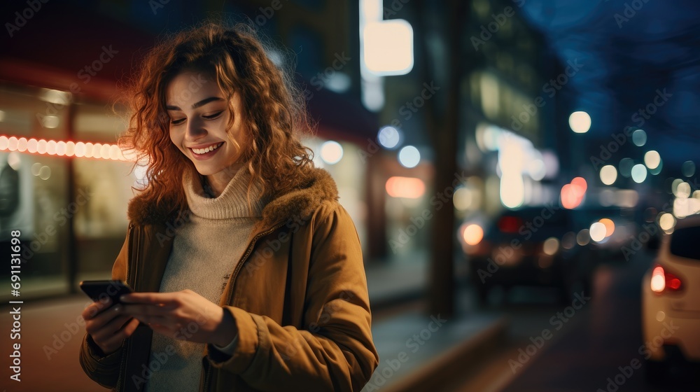 Happy Woman On Street Using Phone At Evening. Copy Space. Generative AI Happy Woman On Street Using Phone At Evening. Copy Space. Generative AI