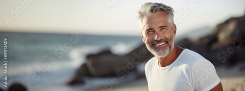 Dashing Smiling Mature Man Enjoying Beach Serenity. A Perfect Getaway. Generative AI