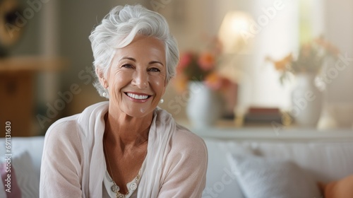 Happy Senior Woman With Gray Hair Smiling At Home. Generative AI