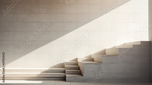  a set of stairs leading up to the top of a set of stairs in a room with a concrete wall and tiled floor, with sunlight coming through the window.