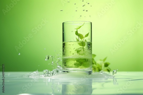 Small cylinder stand in water splash, fresh green background