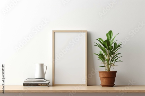 Small vertical wooden frame mockup in scandi style interior with trailing green plant in pot, pile of books and shelf on empty neutral white wall background.