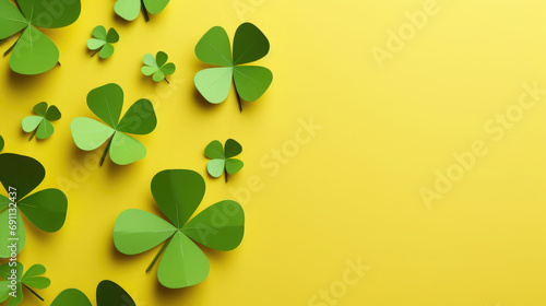green paper clover on a yellow background, shamrock, symbol, st. patrick's day, luck, nature, plant, national irish holiday, spring, march 17, flower, tradition, religious photo