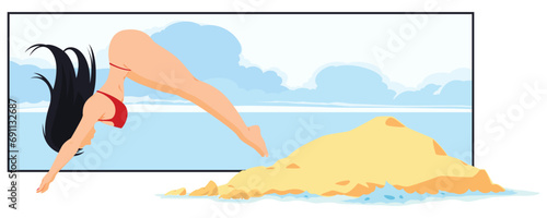 Girls on beach. Rest near sea. Illustration for internet and mobile website.