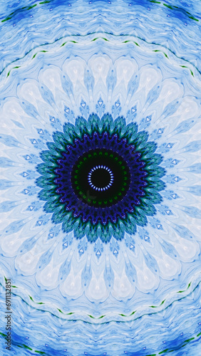 Fototapeta Naklejka Na Ścianę i Meble -  Mandala circle. Floral kaleidoscope. Blue green color light symmetrical round shape geometric pattern creative abstract art illustration background.