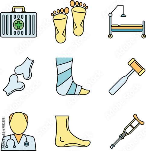 Podiatrist care icons set. Outline set of podiatrist care vector icons thin line color flat on white