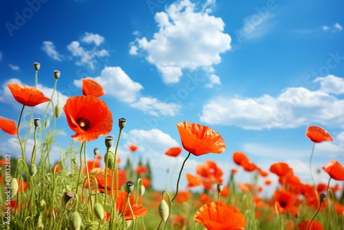 Summer nature - concept. Beautiful landscape with red poppy flowers and sunny day with blue sky.