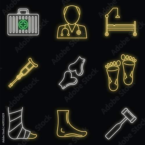Podiatrist care icons set. Outline set of podiatrist care vector icons neon color on black