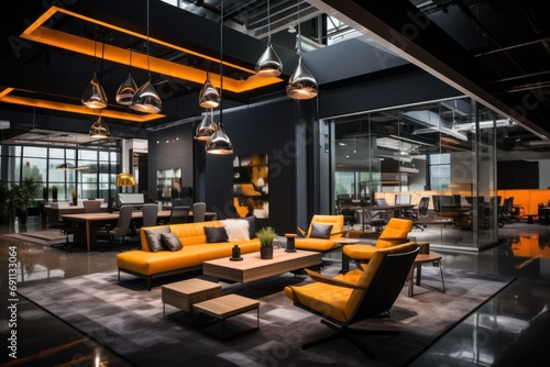 Technology company office, modern interior design with collaboration workspaces with orange accents in the interior
