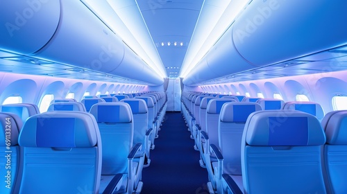 Rows of empty seats on airplane, modern new interior, bright lighting, white and blue colors, futuristic, advertisement, aerial transport