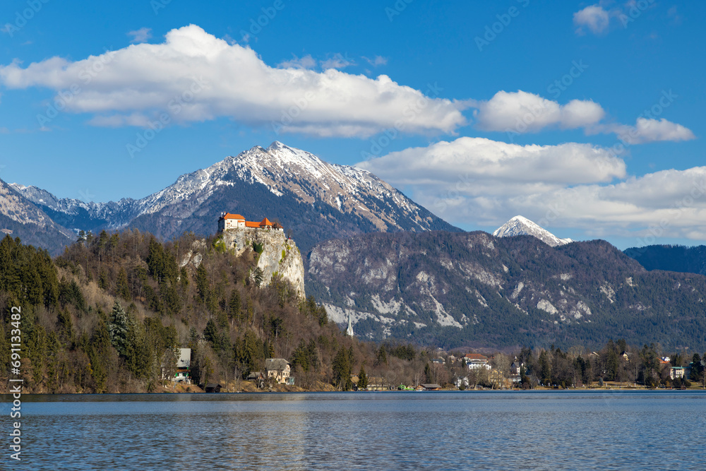 Bled Castle and Julian Alps in winter